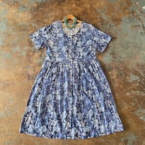 Vintage 90s Floral Print Midi Dress Plus Size 1X Blue Roses Cottage Grunge